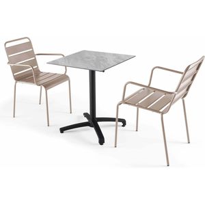 Oviala - Marmeren 60x60 cm verstelbare tafel met 2 taupe fauteuils - Opera