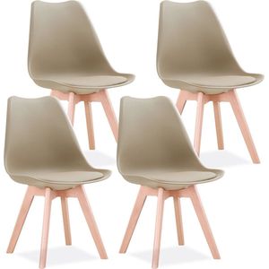 Hanimo Set Van 4 Nordic Eetkamerstoelen - Massief Houten poten - Plastic Gewatteerde Zitting - Met Pu Kussen - Voor Woonkamer - Kantoormeubilair - Beige