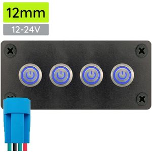 ProRide Metalen Drukschakelaars ON-OFF 12-24V - 12mm - Viervoudig inbouwpaneel - IP67 - LED indicatie Blauw