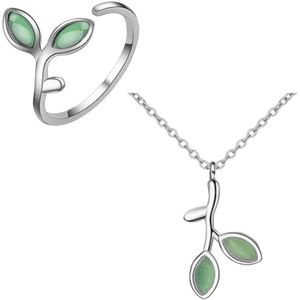 2-Delige Set- Zilver- Ketting met verstelbare ring- Green Leaf-Jade groen- Charme Bijoux