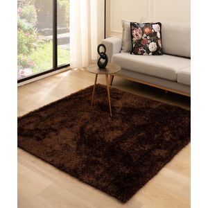 Vierkant hoogpolig vloerkleed velvet - Posh donkerbruin 140x140 cm