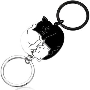 Set van 2 puzzelpartner kattensleutelhangers als vriendschapskeychains voor mannen en vrouwen - ideaal Valentijnsdagcadeau zilver
