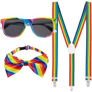 Bretels heren volwassenen set zonnebril & strik - Regenboog feestelijk - Verstelbaar - Dames / Heren Festival - Verjaardag - Pride Accessoires - Kleding - Feestkleding mannen / vrouwen - Bretels Regenboog met strik