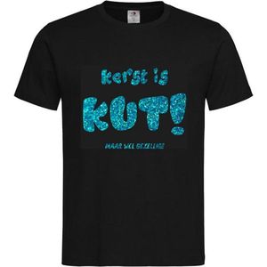 T-shirt Unisex Volwassenen Kerst Kerstmis Man Vrouw Grappig Tekst ""Kerst is KUT maar wel gezellig!!"" Op Voorkant | korte mouw | Zwart/Aqua GLITTER | maat XXL