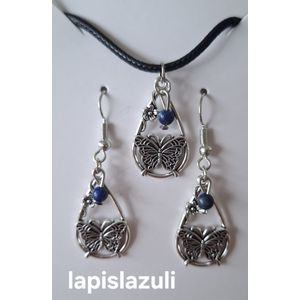 Set ""Lapis Lazuli"" Waterdruppel / Vlinder Ketting / Oorbellen