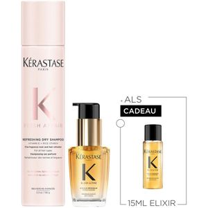 Kérastase Fresh Affair & Elixir Ultime Duo + Cadeau - Droogshampoo 150gr & Haarolie 30ml met Arganolie + Elixir Haarolie 15ml Cadeau - Voor Volume, Textuur, Hittebescherming & Glans