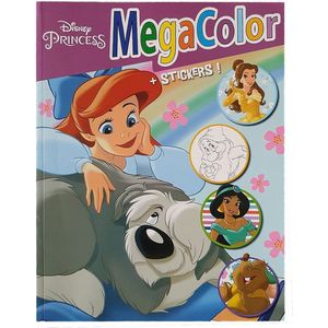 Megacolor kleurboek met stickers, Disney prinsessen, kleuren , 125 kleurplaten, 1 stickervel, knutselen, creatief