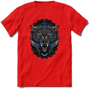Wolf - Dieren Mandala T-Shirt | Blauw | Grappig Verjaardag Zentangle Dierenkop Cadeau Shirt | Dames - Heren - Unisex | Wildlife Tshirt Kleding Kado | - Rood - M