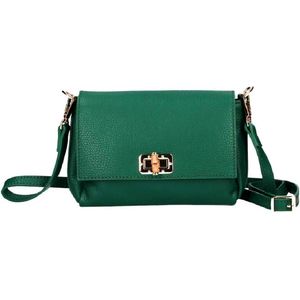 Groene Leren Crossbodytas madie - Houten draaislot - Italiaans Leer- Schoudertassen - Groen