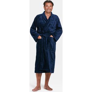 Unisex badjas marineblauw - velours katoen - blauwe badjas sauna sjaalkraag - maat 3XL