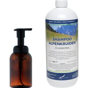 Zeepdispenser 300 ml amber bruin hervulbaar + 1 liter Shampoo Alpenkruiden navulling