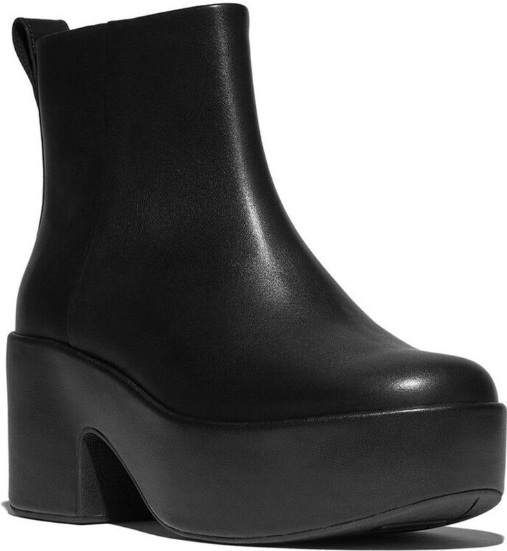 FitFlop - Platfforms Leather Heeled Ankle Boots - All Black - Enkellaars