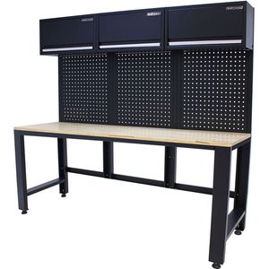 Kraftmeister werkbank 204 cm - Werktafel met gereedschapswand, 3 opbergkasten en eiken werkblad - Zwart