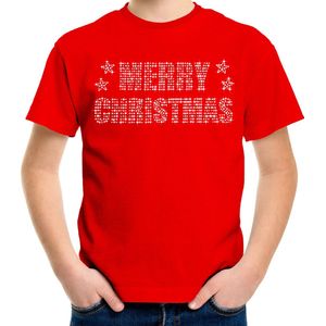Glitter kerst t-shirt rood Merry Christmas glitter steentjes/ rhinestones  voor kinderen - Glitter kerst shirt/ outfit XL