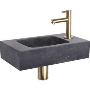 Differnz Fonteinset - Wasbak Natuursteen Bombai Black - Antraciet - Rechte Kraan - Mat Goud - Standaard Greep - 40 x 22 x 9 cm