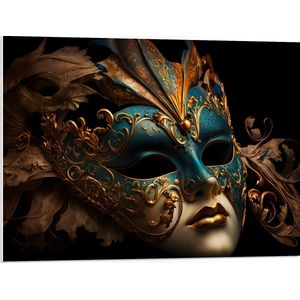 PVC Schuimplaat- Venetiaanse carnavals Masker met Blauwe en Gouden Details tegen Zwarte Achtergrond - 80x60 cm Foto op PVC Schuimplaat