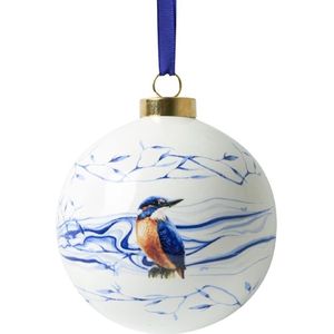 Heinen Delfts Blauw | Porseleinen kerstbal met ijsvogel | Kersthanger | 8 cm doorsnee
