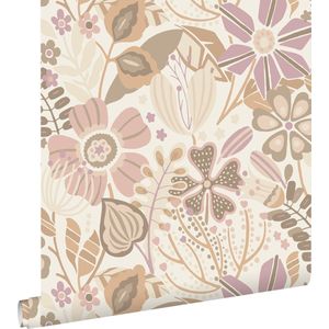ESTAhome behang bloemmotief beige en lila paars - 53 cm x 10.05 m - 139675