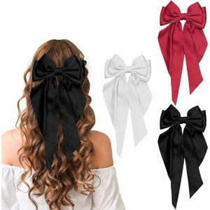 3pcs Bow Hair Clips, Duckbill Hair Clips for Women French Long Bow Hair Clips for Women and Girls (Black + Pure White + Red)