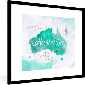 Fotolijst incl. Poster - Wereldkaart - Australië - Turquoise - 40x40 cm - Posterlijst