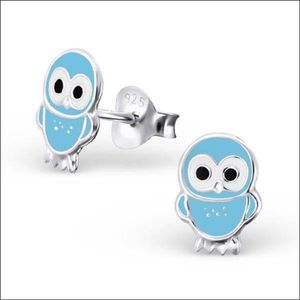 Aramat jewels ® - Zilveren kinder oorbellen uil kinderen blauw 9mm