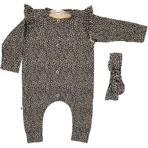 Handgemaakt boxpakje Leopard Sand met ruffle mouwtjes en haarstrikje (maat 62-68)