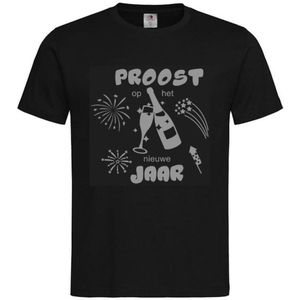 T-shirt Unisex Volwassenen Gelukkig Nieuwjaar Feest Jaarwisseling Happy New Year Oud en Nieuw ""Proost op het nieuwe jaar"" Op Voorkant | korte mouw | Zwart/grijs | maat XXL
