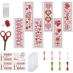 6 Set Gestempeld Kruissteek Bladwijzer Kits - Valentijnsdag Thema