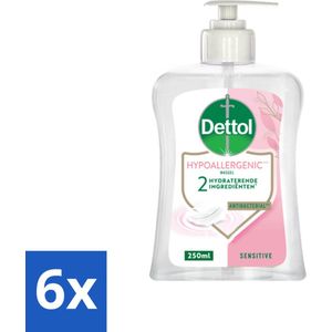 6 x Dettol - Handzeep - Hypoallergenic - Gevoelige Huid - 250 ml - Handzeep - Hypoallergeen - Gevoelige Huid - Antibacterieel - Dermatologisch Getest