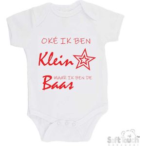100% katoenen Romper ""Oke ik ben klein maar ik ben de baas"" Unisex Katoen Wit/rood Maat 68/74
