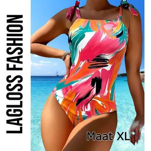 LaGloss® Badpak Graffiti Print – Eendelig Damesbadpak met Strikbandjes & Verwijderbare Vulling – Maat L