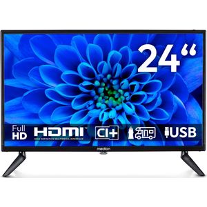MEDION Full HD TV 59,9 cm (24 inch) (perfect voor camping, camper, vrachtwagen, tuin, 12V auto-adapter, triple tuner, HDMI, USB), MD824000, zwart