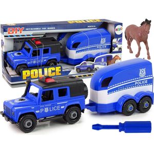 DIY Speelgoed politie terreinwagen met trailer en paard - Trailer is los te koppelen - Vanaf 3 jaar - Speelgoedwagen