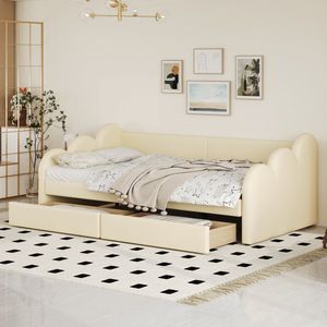 Sweiko Kinderbed, Kussensbed 90x200cm, Slaapbank, Multifunctioneel bed met Rugleuning en armleuningen, met 2-lades, kunstlederen stof, Beige (Geen matras)