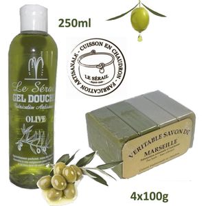 Ambachtelijke Pure Olijf douche en bad gel 250ml | Olijf olie zeep 4x100. Extra voeding voor huid en haar. Aanbevolen door dermatologen