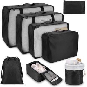 Koffer organizerset, verpakking kubussen voor kleding, pakzakken voor rugzak, kledingtassen voor koffer, paktassen set met make-uptas, schoenenzak, USB-kabel tas (8, zwart)