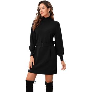 Gebreide Jurk Dames Lange Mouwen Coltrui Jurk Elegante Trui Tuniek Jurk Met Riem Zwart M