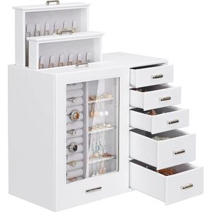 Sieradendoosje in wit met 8 laden, glazen venster voor halskettingen, ringen, armbanden, oorbellen, sieradenkoffer, sieradendoos, sieradendoosje