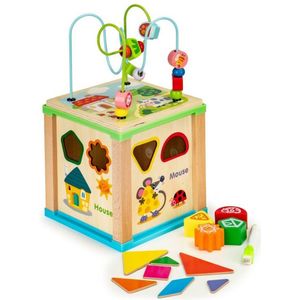 Ecotoys duurzame houten educatieve activiteiten kubus - Met bord om te schrijven - Educatief speelgoed - Montessori speelgoed - 18 x 18 x 33 cm