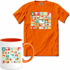 Adventskalender Kerst - Aftelkalender - Kalender - T-Shirt met mok - Heren - Oranje - Maat 3XL