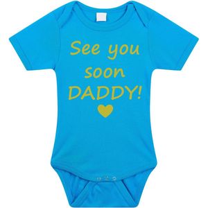 Baby rompertje met leuke tekst | See you soon daddy! |zwangerschap aankondiging | cadeau papa mama opa oma oom tante | kraamcadeau | maat 56 blauw goud