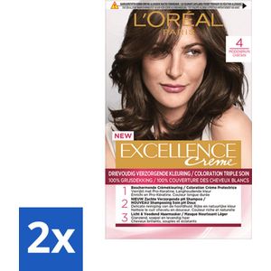2 x L'Oréal Excellence Crème Permanente Crèmekleuring 4 Middenbruin - Haarverf - Permanente Haarkleuring - Grijsdekking - L'Oréal Paris - Haarkleur
