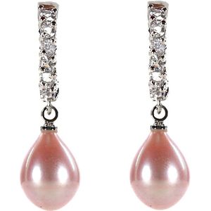 Zoetwater parel oorbellen Pante - oorringen - echte parels - roze - zilver - stras steentjes