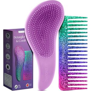 Glitter Ombre Detangler Borstel & Kam Set - Roze/Paarse Kleur - 2 Stuks