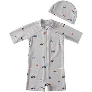 Il Bambini - UV-Zwempak - swimsuit met mutsje - UPF50+ - Grijs/blauw met voertuigen - maat 98/104