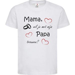 T-shirt Kinderen ""Mama, wil je met mijn papa trouwen?"" 2.0 | korte mouw | Wit/zwart/rood | maat 86/92 (XXS)