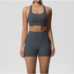 Shadow Fit Short Set - Maat S - Donkergrijs - Charcoal - 2-delige set: Cross top & high waisted short - Grey - Seamless Sportset Dames