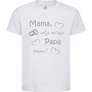 T-shirt Kinderen ""Mama, wil je met mijn papa trouwen?"" 2.0 | korte mouw | wit/grijs | maat 110/116 (XS)