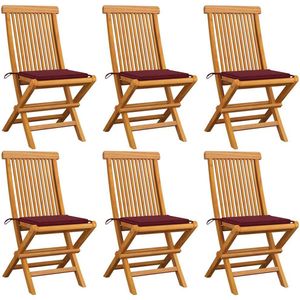 vidaXL - Tuinstoelen - 6 - st - met - wijnrode - kussens - massief - teakhout