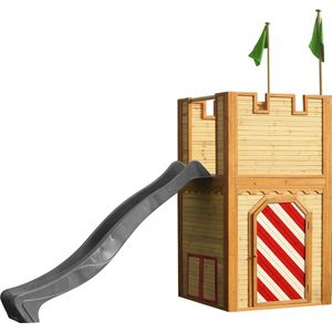 AXI Arthur Houten Speelhuis - Speeltoren met verdieping en Grijze Glijbaan - Speelhuisje in Bruin, rood & groen - FSC hout - Speeltoestel / Kasteel voor kinderen